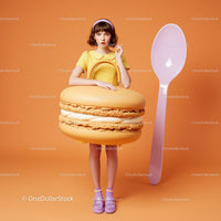 Young woman holding giant macaron purse with huge spoon