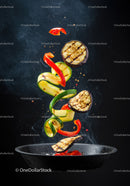 Grilled vegetables flying above a hot pan with smoke
