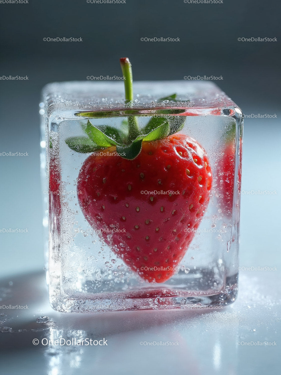 Fresh strawberry preserved inside a melting ice cube