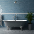 Classic clawfoot bathtub in stylish blue bathroom