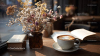 Dried Flowers in Amber Jar with Coffee and Open Book