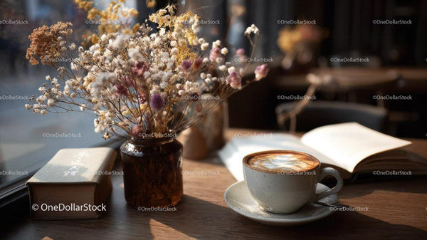 Dried Flowers in Amber Jar with Coffee and Open Book Stock Photo Bundle (20 JPG Files)
