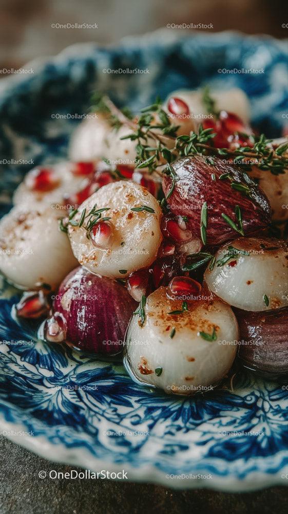 Fresh White Onion Slices on Ornate Blue Plate with Onions in Background Stock Photo Bundle preview 15