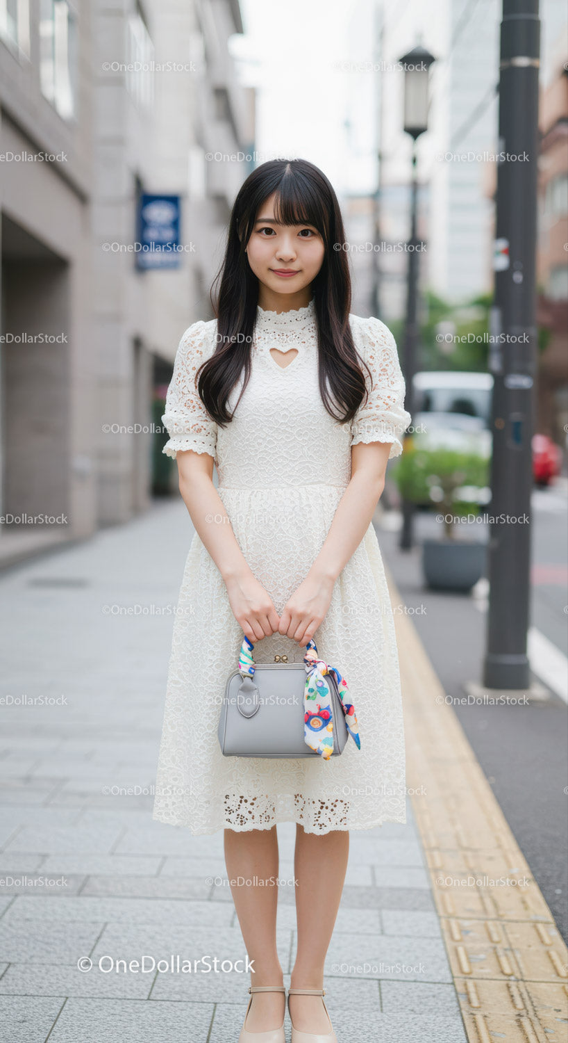 Young Woman in Elegant Lace Dress Standing on City Street