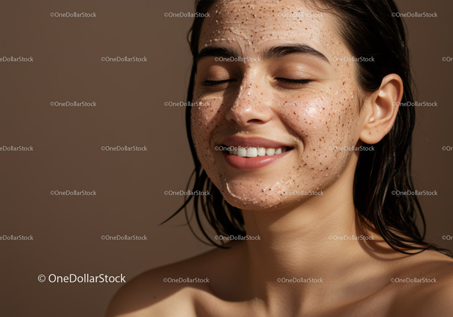 Smiling Woman with Clear Skin and Freckles in Natural Setting