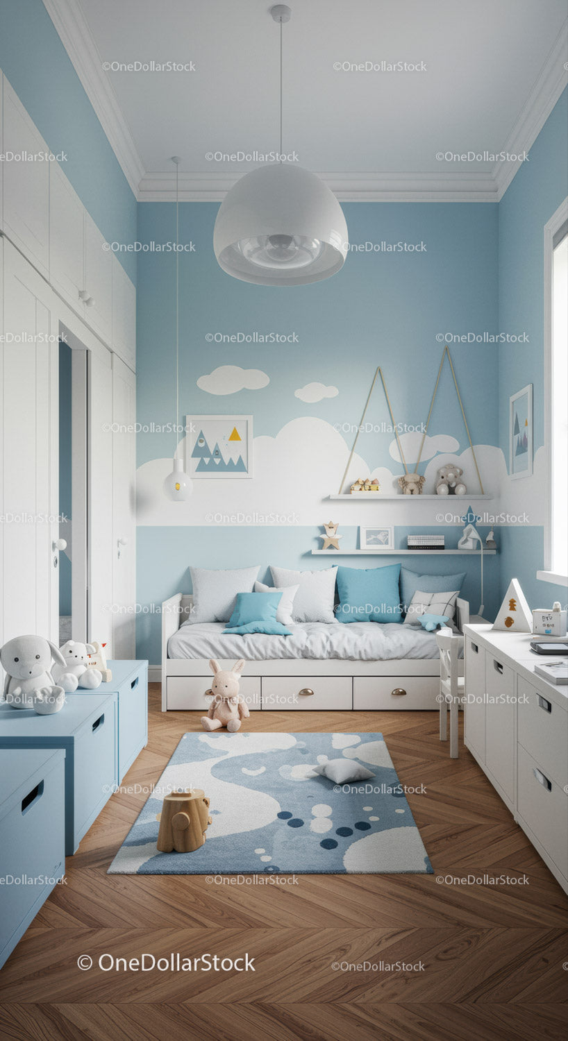 Children's Nursery with Cloud Wallpaper and Soft Play Area in Pastel Blue