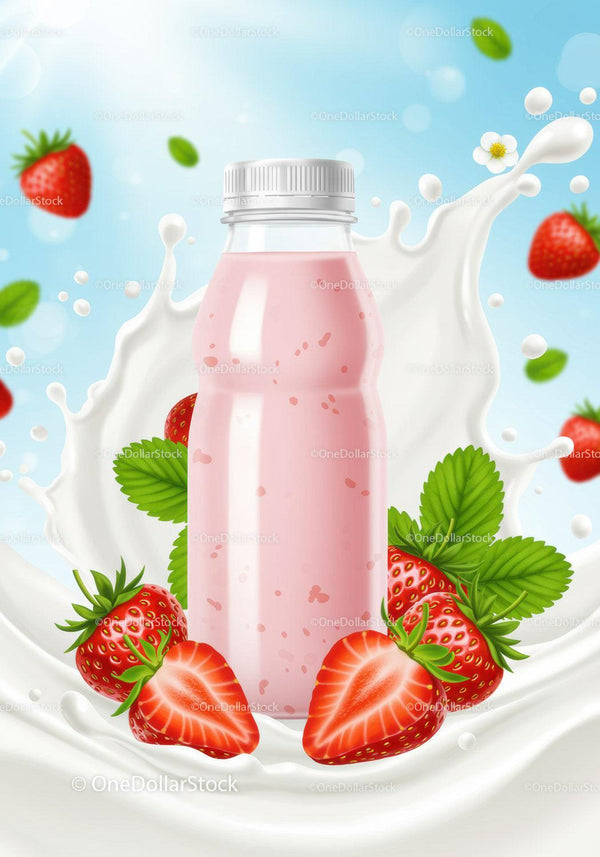 Strawberry smoothie bottle with fresh berry splash JPG Mockup Image