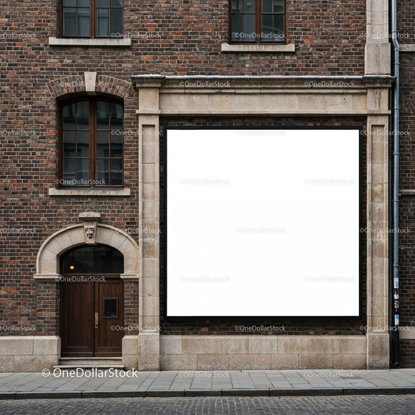 Large blank billboard on historic brick building facade JPG Mockup Image