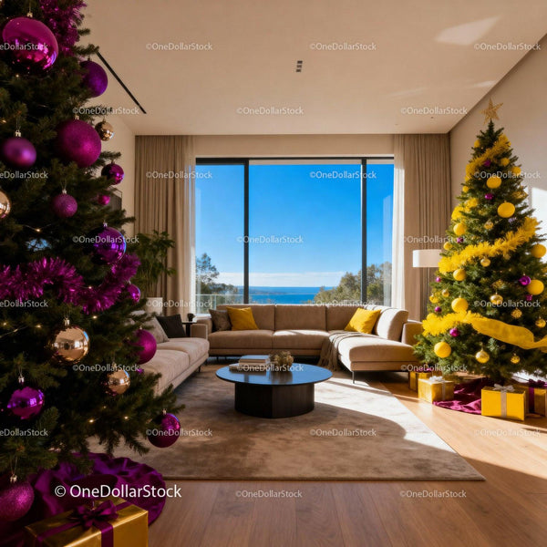 Modern Living Room Decorated with Festive Christmas Trees