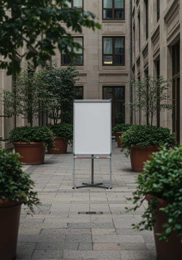Blank flip chart in serene urban courtyard setting JPG Mockup Image