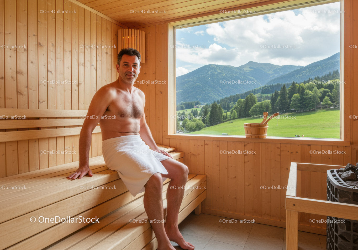 Relaxing Man in Sauna with Scenic Mountain View