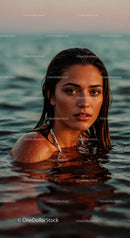 Woman Relaxing in the Ocean at Sunset with Warm Lighting