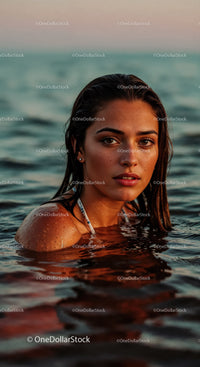 Woman Relaxing in the Ocean at Sunset with Warm Lighting