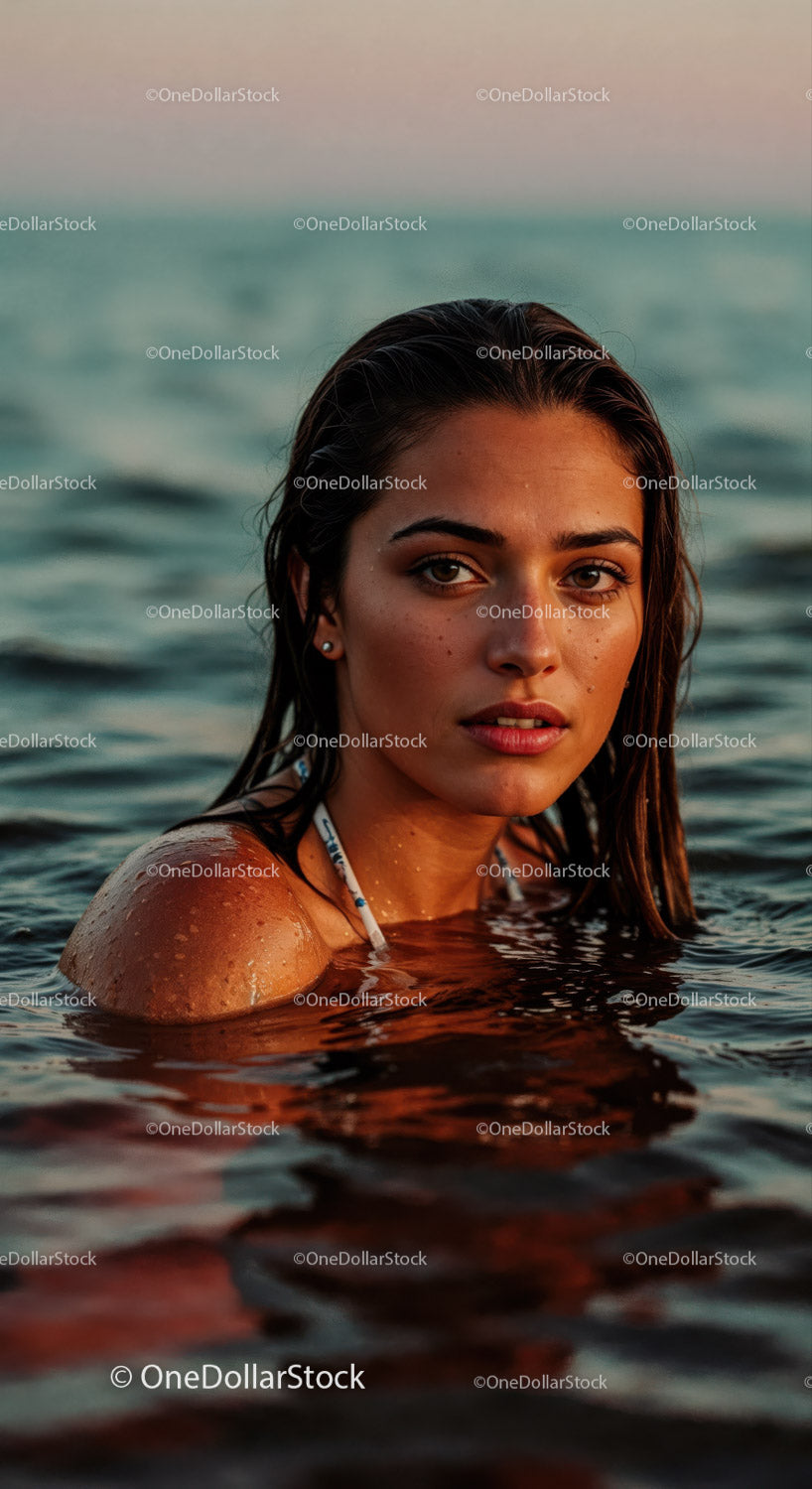 Woman Relaxing in the Ocean at Sunset with Warm Lighting