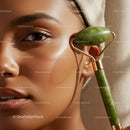 Close-up of Woman Using Jade Roller for Facial Massage and Skin Rejuvenation