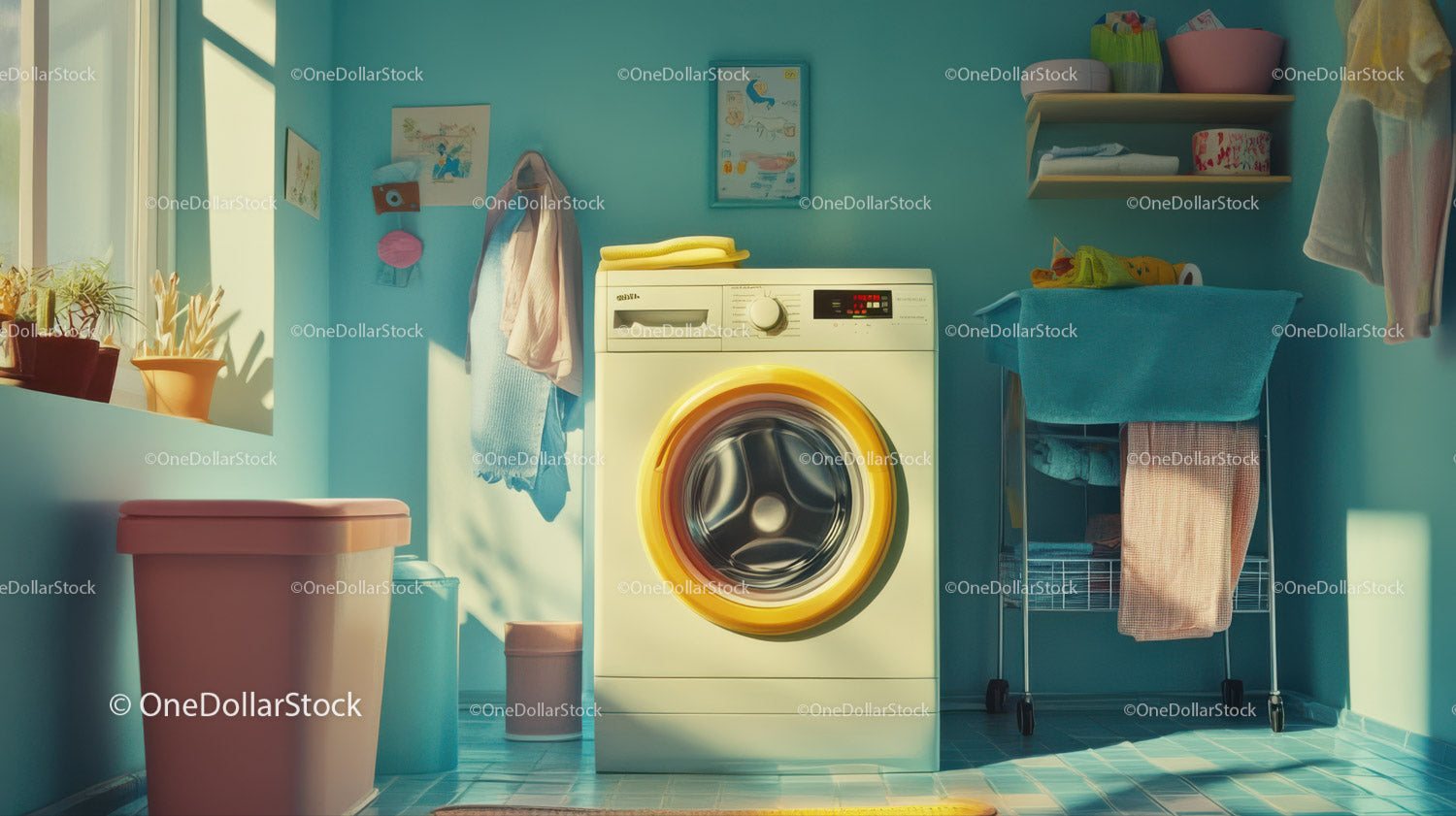 Bright Interior Laundry Room with Washing Machine and Laundry Basket