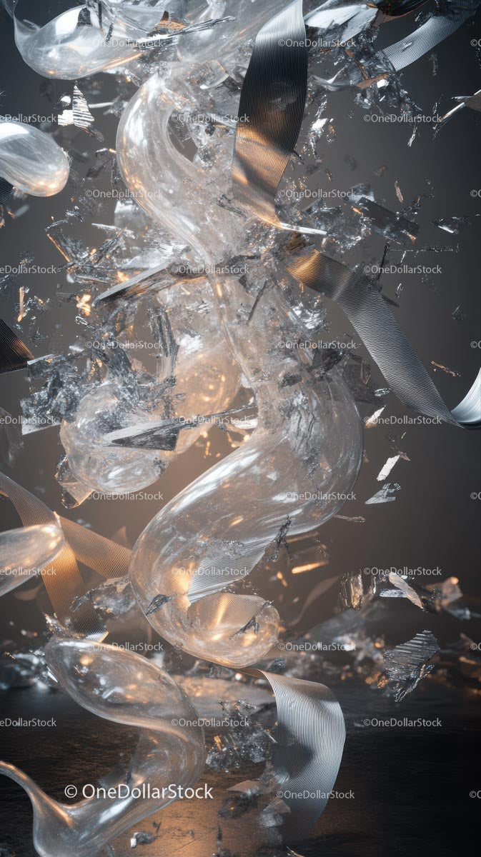 Broken Glass and Metallic Ribbons Amid Glass Debris