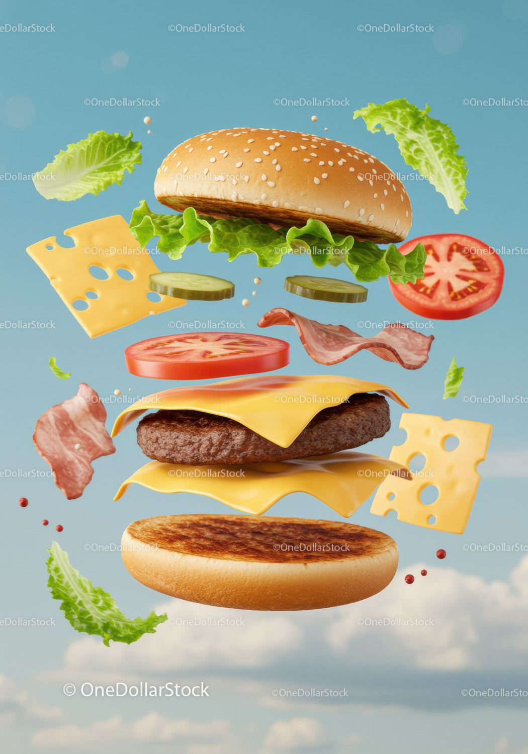 Deconstructed cheeseburger ingredients floating on blue sky