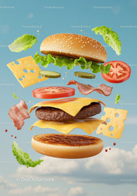 Deconstructed cheeseburger ingredients floating on blue sky