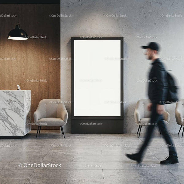 Modern Lobby Interior with Marble Reception and Blank Billboard JPG Mockup Image