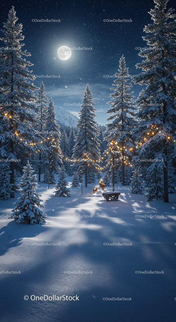 Moonlit winter forest path with glowing string lights