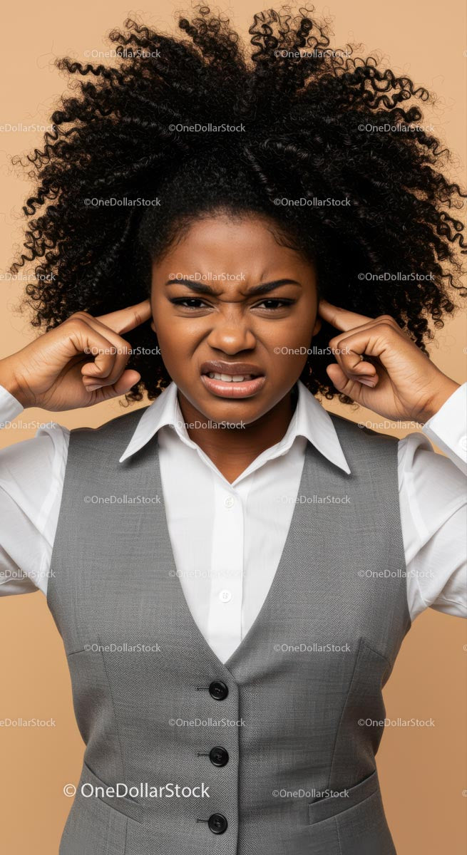 Frustrated Woman Covering Ears with Annoyed Expression