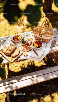 Outdoor picnic with fresh bread cheese and fruit