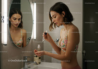 Young Woman Applying Skincare Using Dropper in Bathroom Mirror