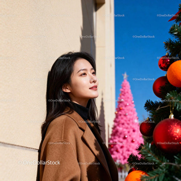 Young woman enjoying sunny day near Christmas decorations