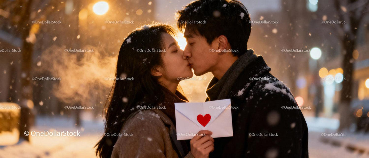 Romantic Couple Sharing a Kiss in Snowy Evening