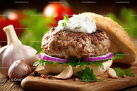 Juicy Beef Burger Patty with Herb Sauce on Toasted Bun in Rustic Setting