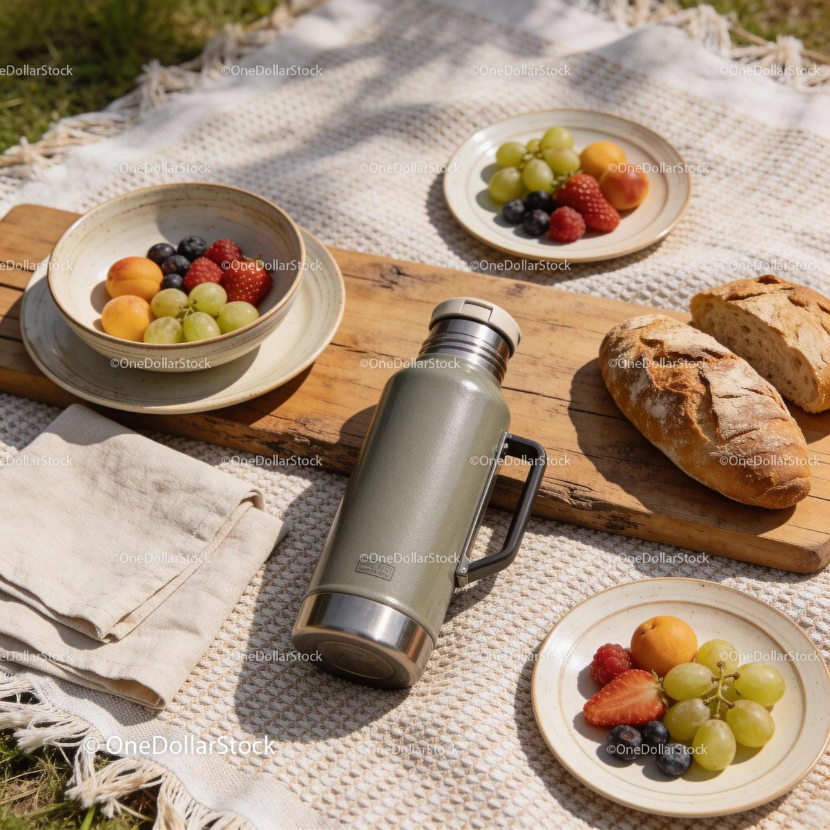 Assorted Fresh Fruits and Rustic Bread on Picnic Blanket