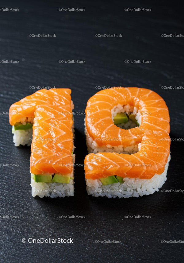 Salmon Sushi Shaped as Number Nineteen on Black Slate