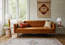 Cozy modern living room with rust velvet sofa and natural light