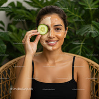 Female Woman Relaxing with Facial Mask and Cucumber Eye Treatment