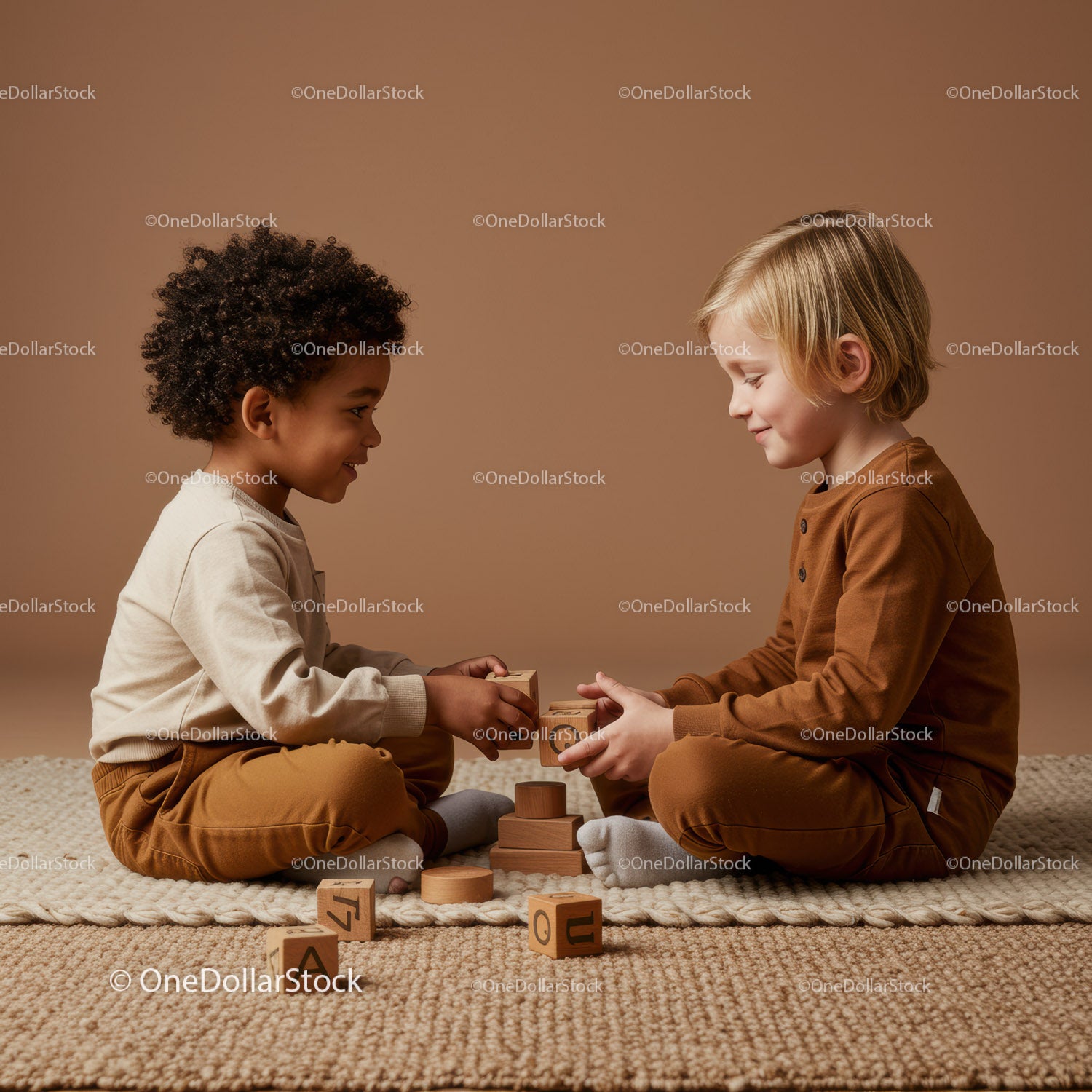 Two children playing with wooden blocks on a rug