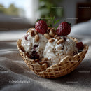 Ice Cream Dessert with Strawberries and Nut Topping in Waffle Cup