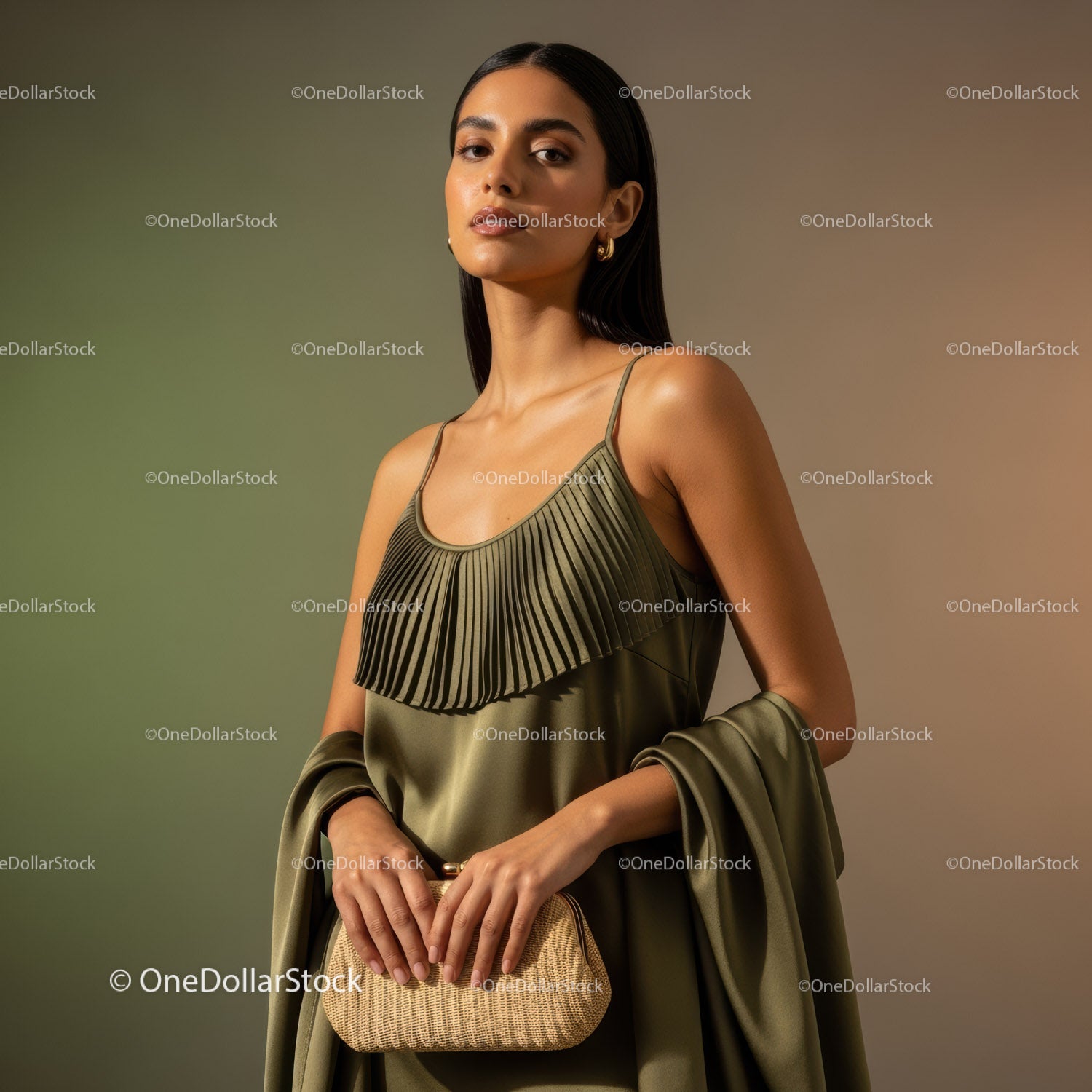 Elegant Woman in Satin Dress Holding Stylish Handbag for Fashion Shot