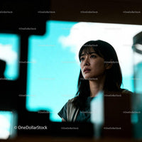 Young woman lost in thought against bright blue sky