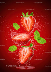 Fresh strawberry halves with mint leaves splash