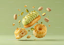 Flying pistachio cream pastry with golden flakes