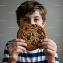 Boy holding large chocolate chip cookie close to face