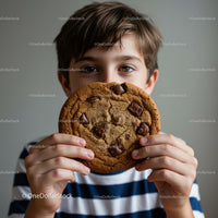 Boy holding large chocolate chip cookie close to face
