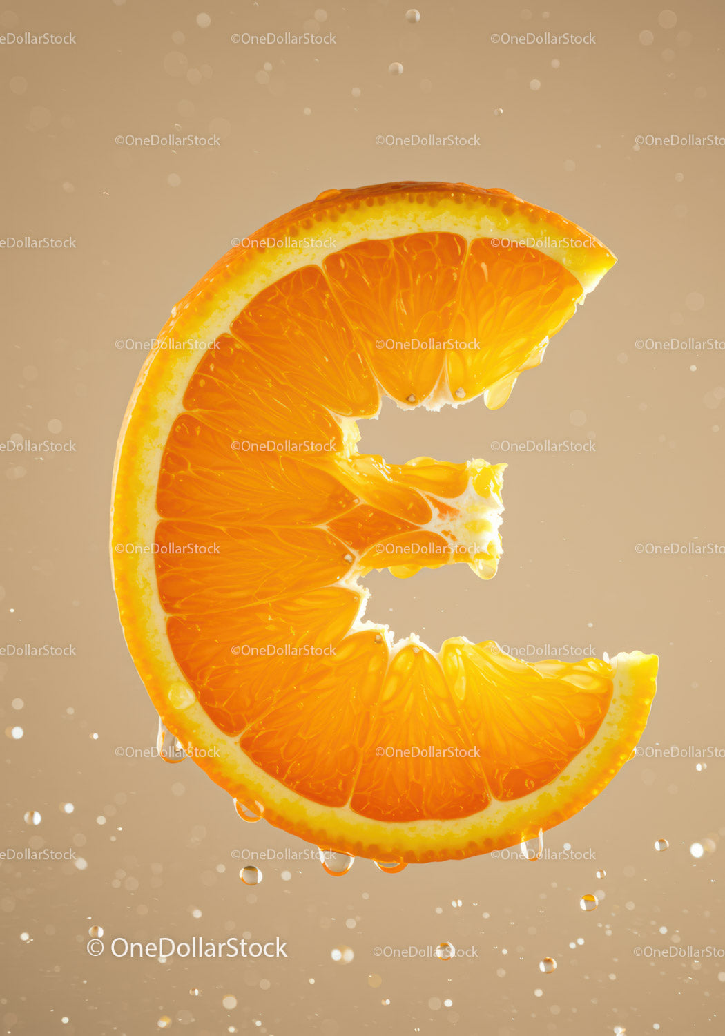Close up of fresh orange slice with juice droplets