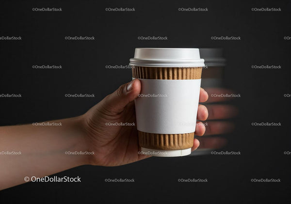 Hand Holding Disposable Coffee Cup with Blank Label JPG Mockup Image