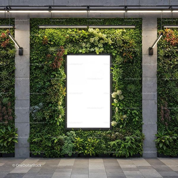 Indoor vertical garden with illuminated blank frame JPG Mockup Image