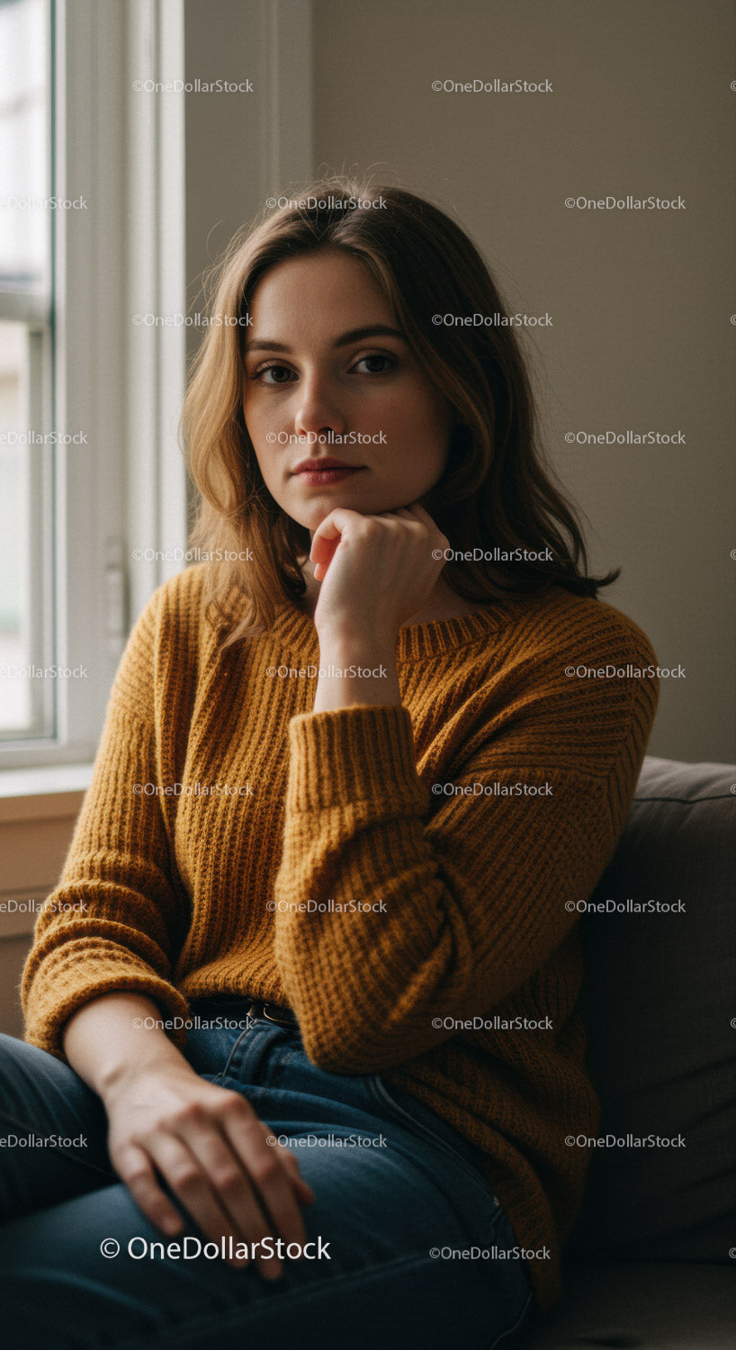 Portret młodej kobiety siedzącej przy oknie w przytulnym wnętrzu domu