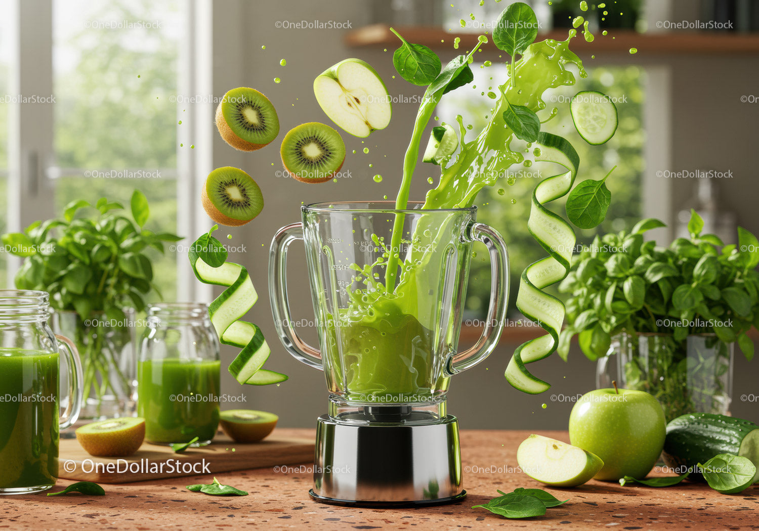 Fresh Green Smoothie Ingredients Splashing into Blender