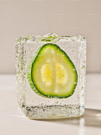 Fresh cucumber slice frozen inside crystal clear ice cube