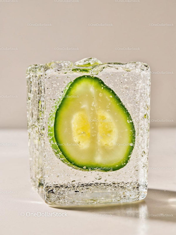 Fresh cucumber slice frozen inside crystal clear ice cube